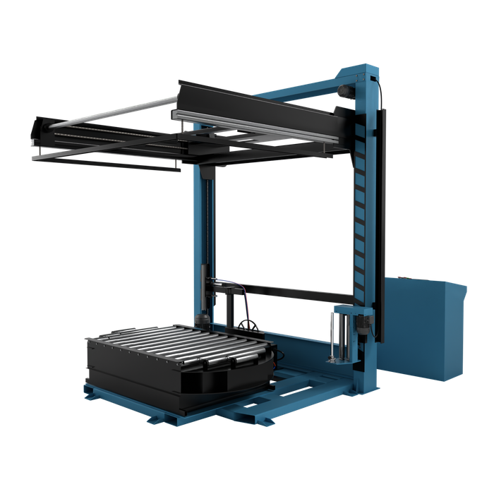 Envolvedora automática de palés YJT-2016DR-SH, tipo cubierta superior, mesa giratoria con transportador de rodillos para integración en línea de transporte